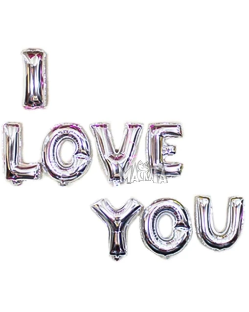 Комплект от 8 сребристи фолиеви балона под формата на букви I Love You за романтична украса