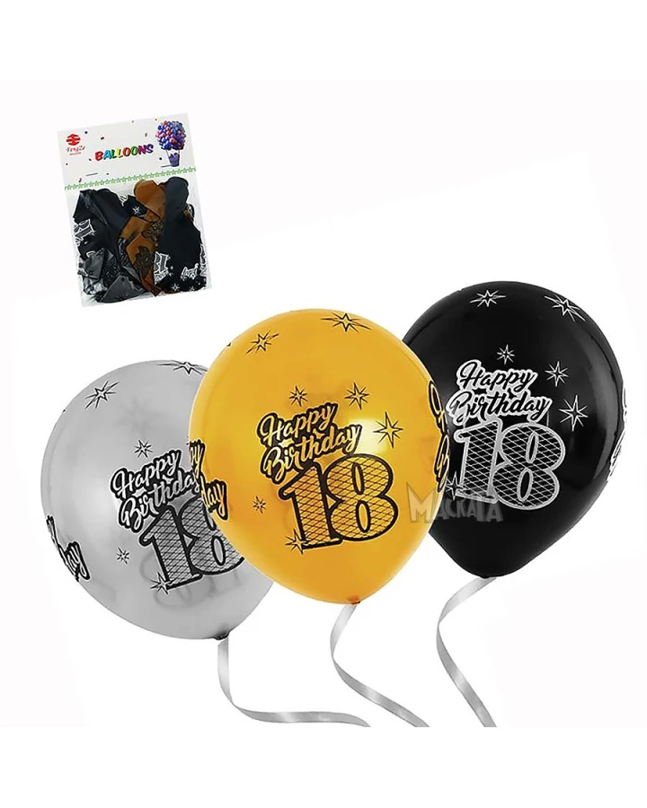 Пакет балони с щампа - Happy Birthday 18" микс в цветове металик 10бр