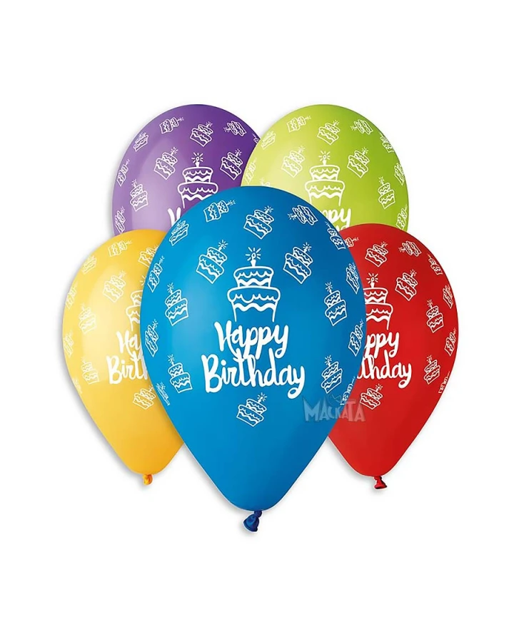 Балони с щампа - Happy Birthday с тортички 5бр
