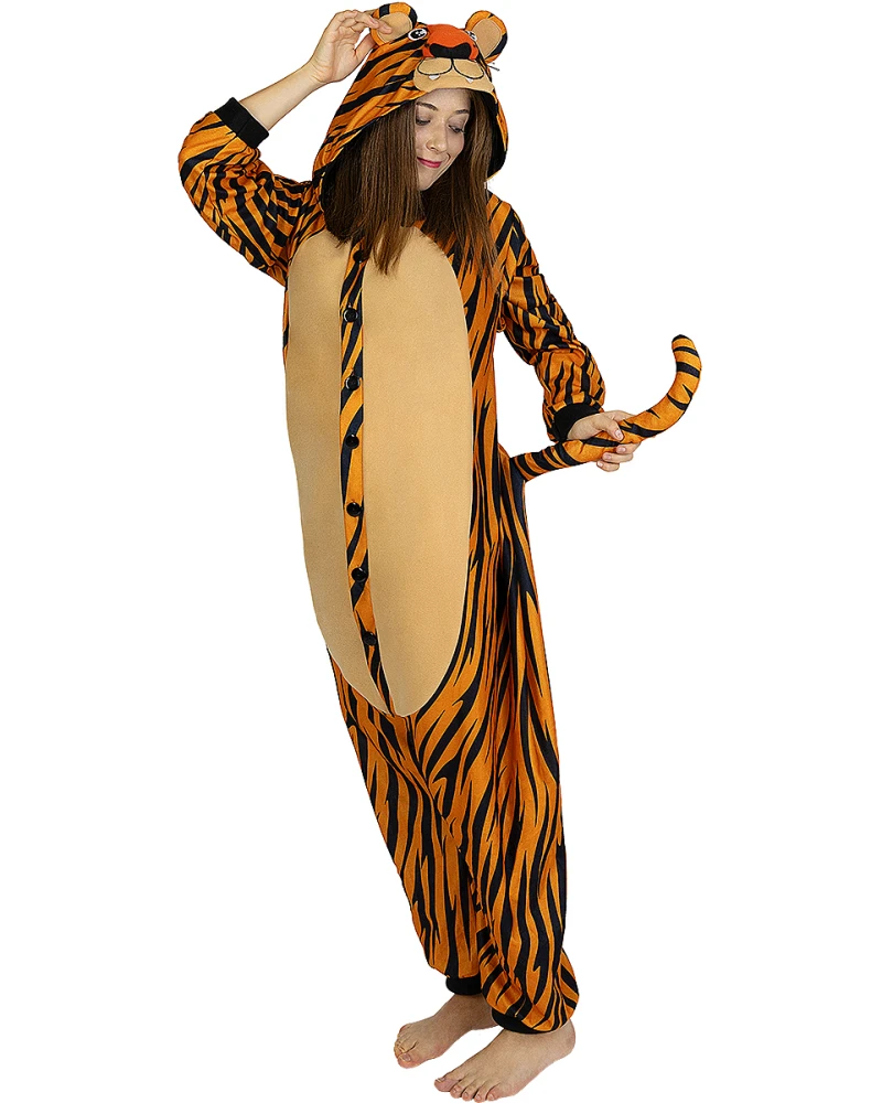 Карнавален плюшен костюм Тигър за възрастни с гащеризон с опашка и качулка с лице на тигър