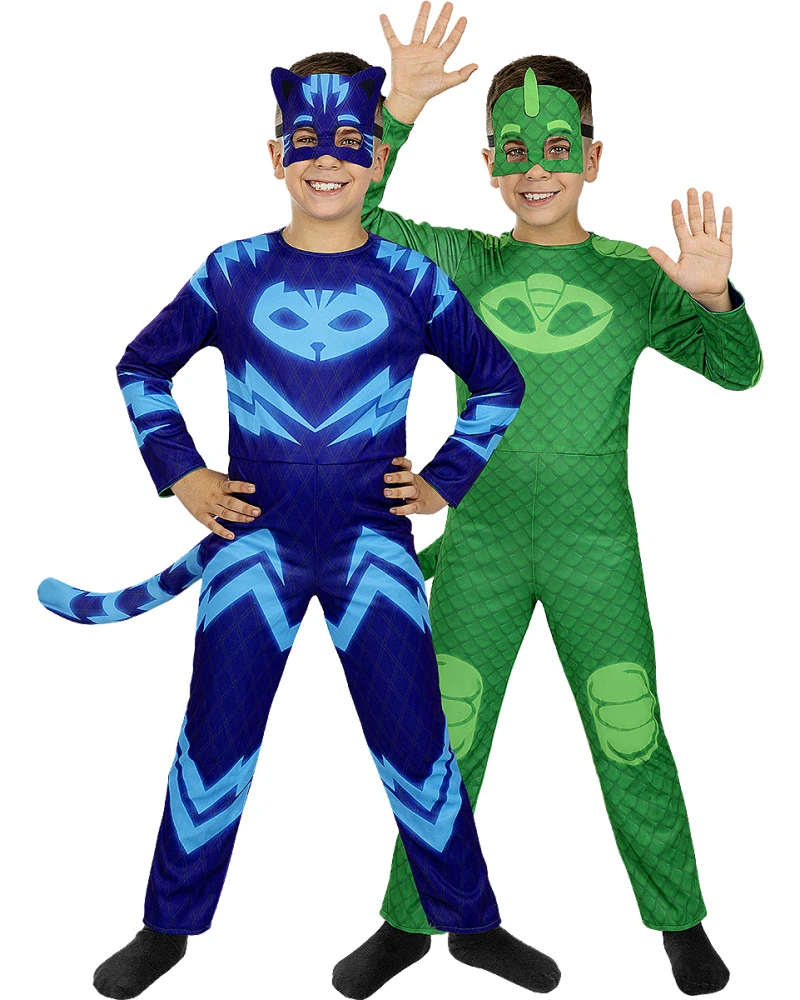 Детски двулицев костюм на Кетбой и Геко от PJ Masks – гащеризон с две маски и две опашки | забава