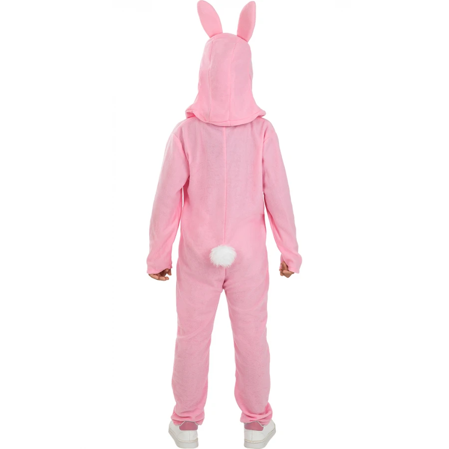 Детски костюм на розово зайче с плюшен гащеризон, опашка и шапка с лице на зайче | zabava