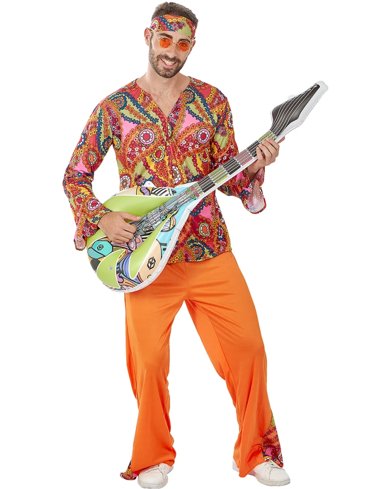 Мъжки карнавален костюм на хипи – оранжев панталон, тениска и панделка