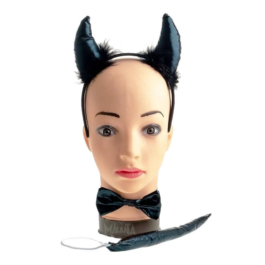 Черен комплект за дявол включващ диадема с рога, опашка и папионка за маскарад