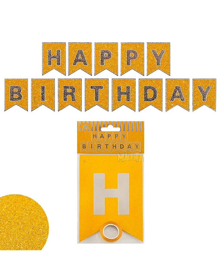 Парти украса - банер Happy Birthday с брокат в цвят злато