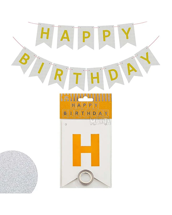 Парти украса - банер Happy Birthday с брокат в цвят сребро
