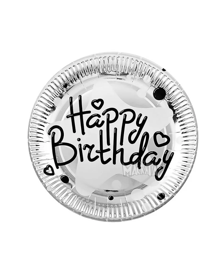 Парти чинии Happy Birthday в сребърен цвят 10бр