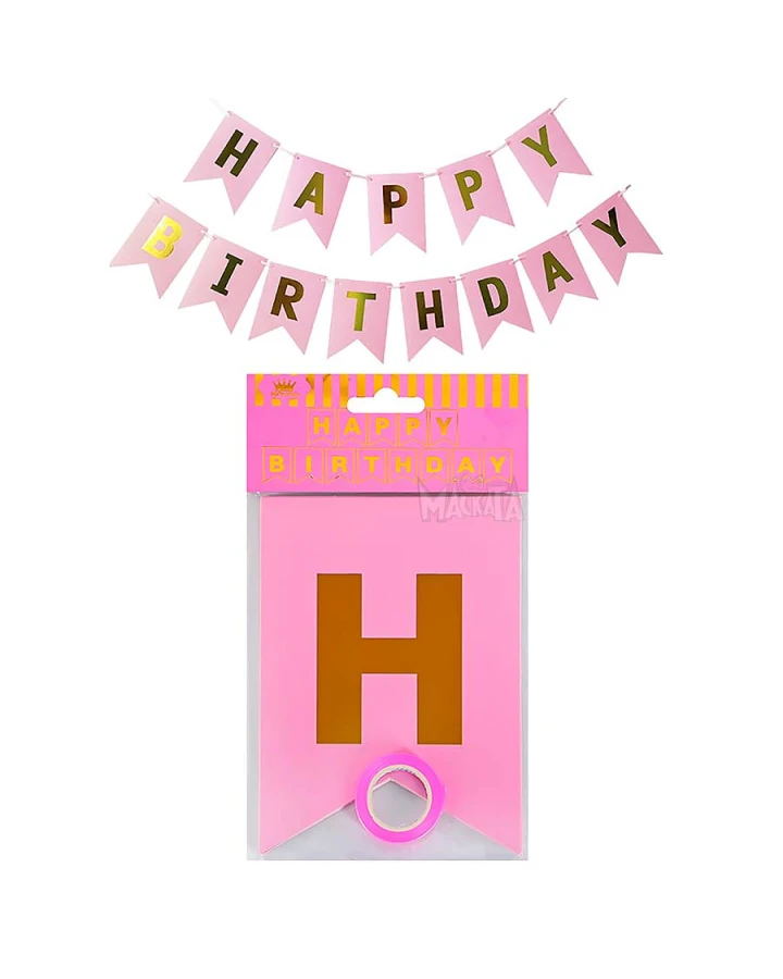 Парти украса - малък банер Happy Birthday в розов цвят