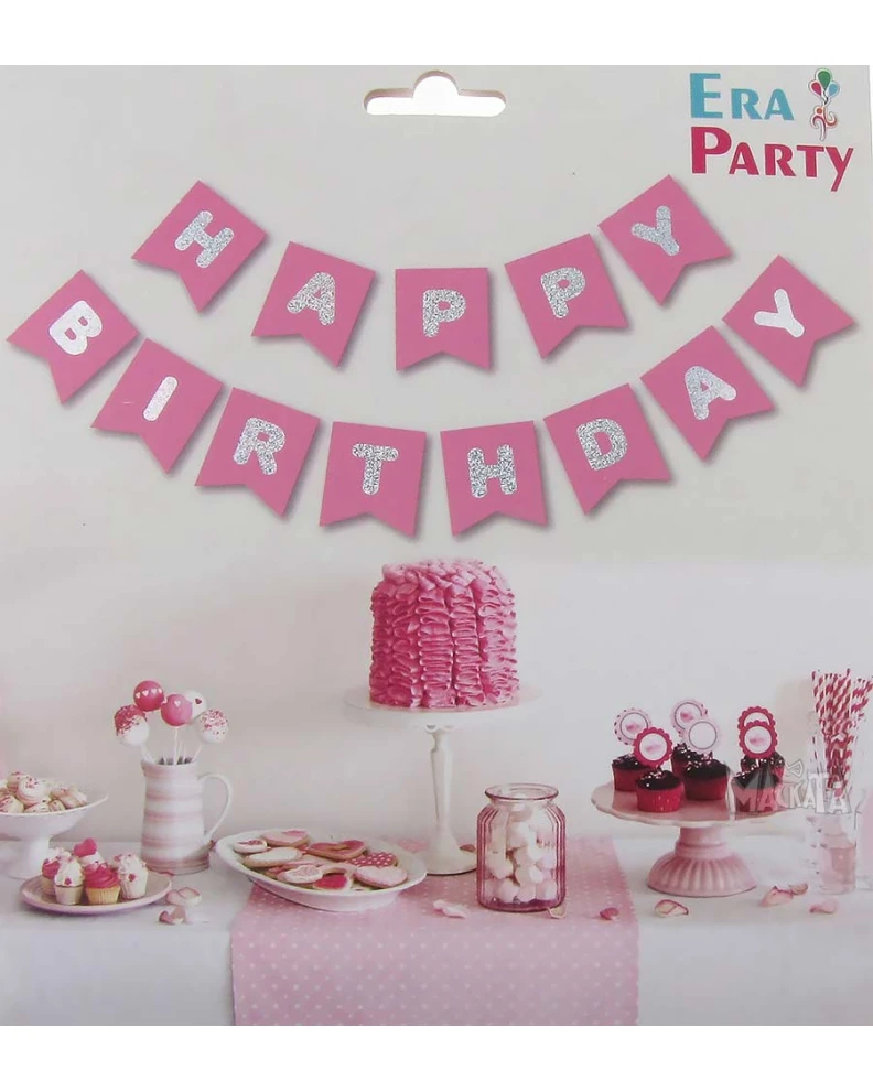 Парти украса - Банер Happy Birthday в цвят бебешко розово