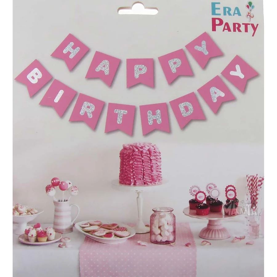 Парти украса - Банер Happy Birthday в цвят бебешко розово
