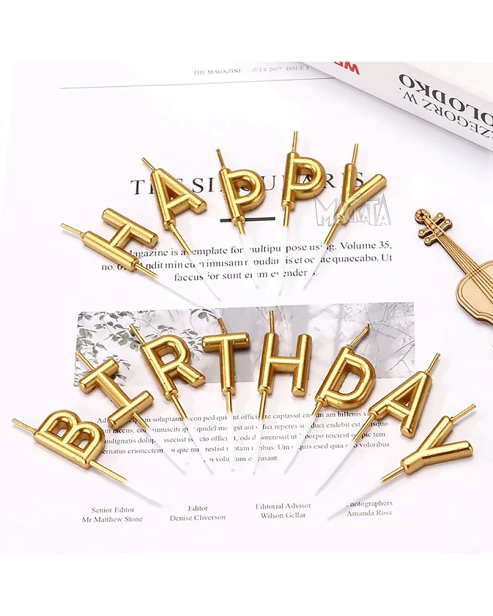 Златни свещи за парти - комплект "Happy Birthday"