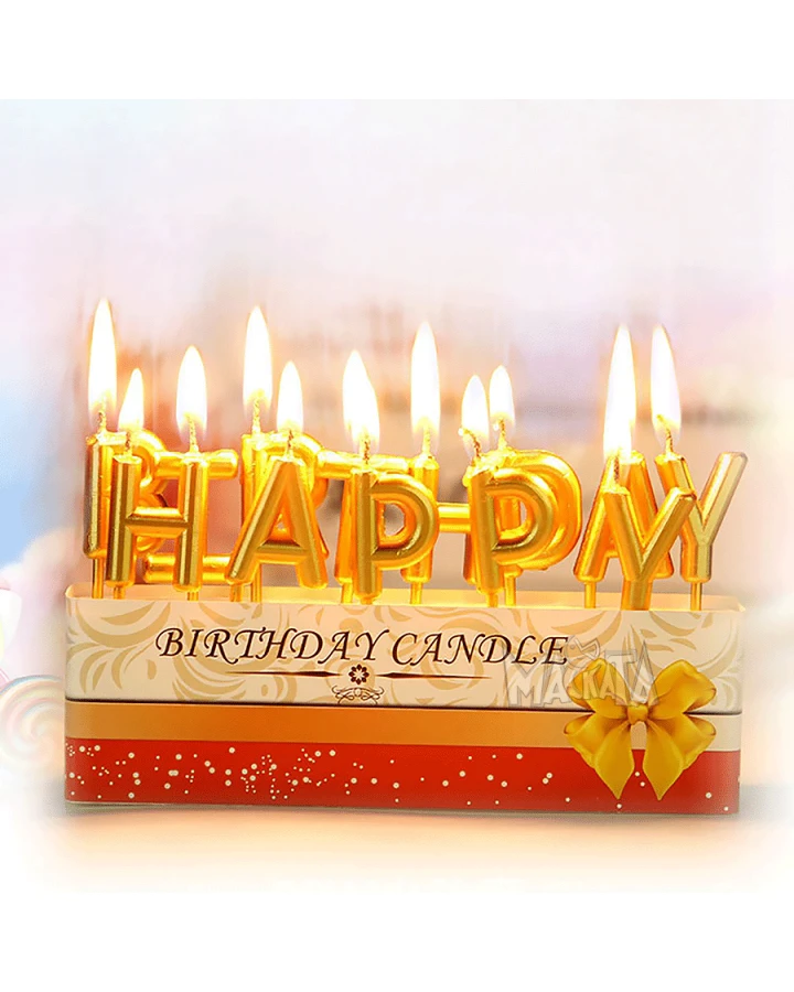 Златни свещи за парти - комплект "Happy Birthday"
