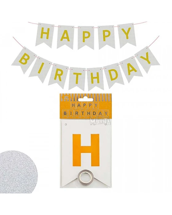 Парти украса - малък банер Happy Birthday с брокат в цвят сребро