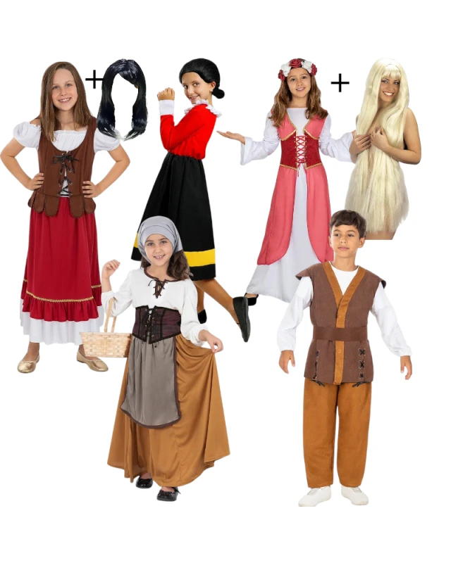 Комплект детски сценични костюми Златното момиче с героите от приказката - доброто момиче, мързеливото момиче, мащехата, бащата и бабата