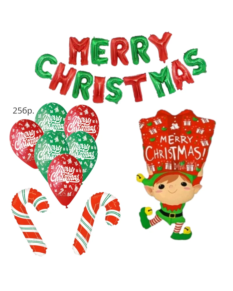 Комплект коледна украса Merry Christmas с балони елф и бастунчета
